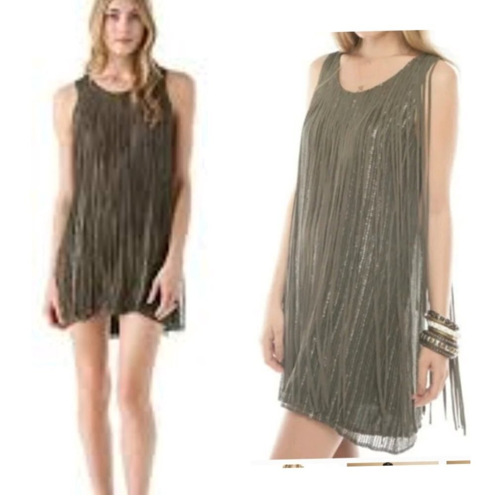 (807) Parker Silk Green Fringe Sequins Mini Shift Dress Size XS